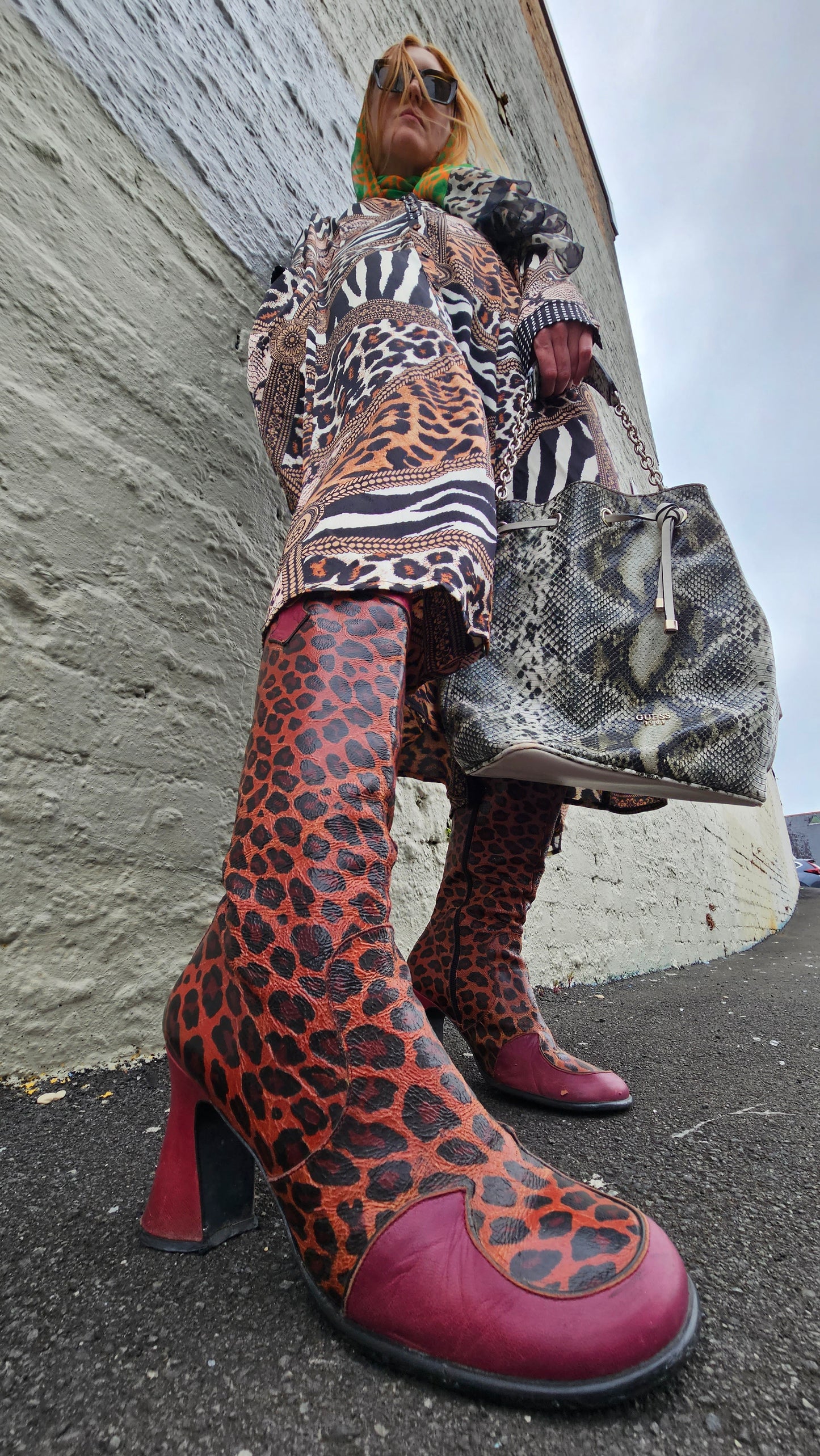 VINTAGE Shellys Red Leopard Print Leather Boots Sz UK 7