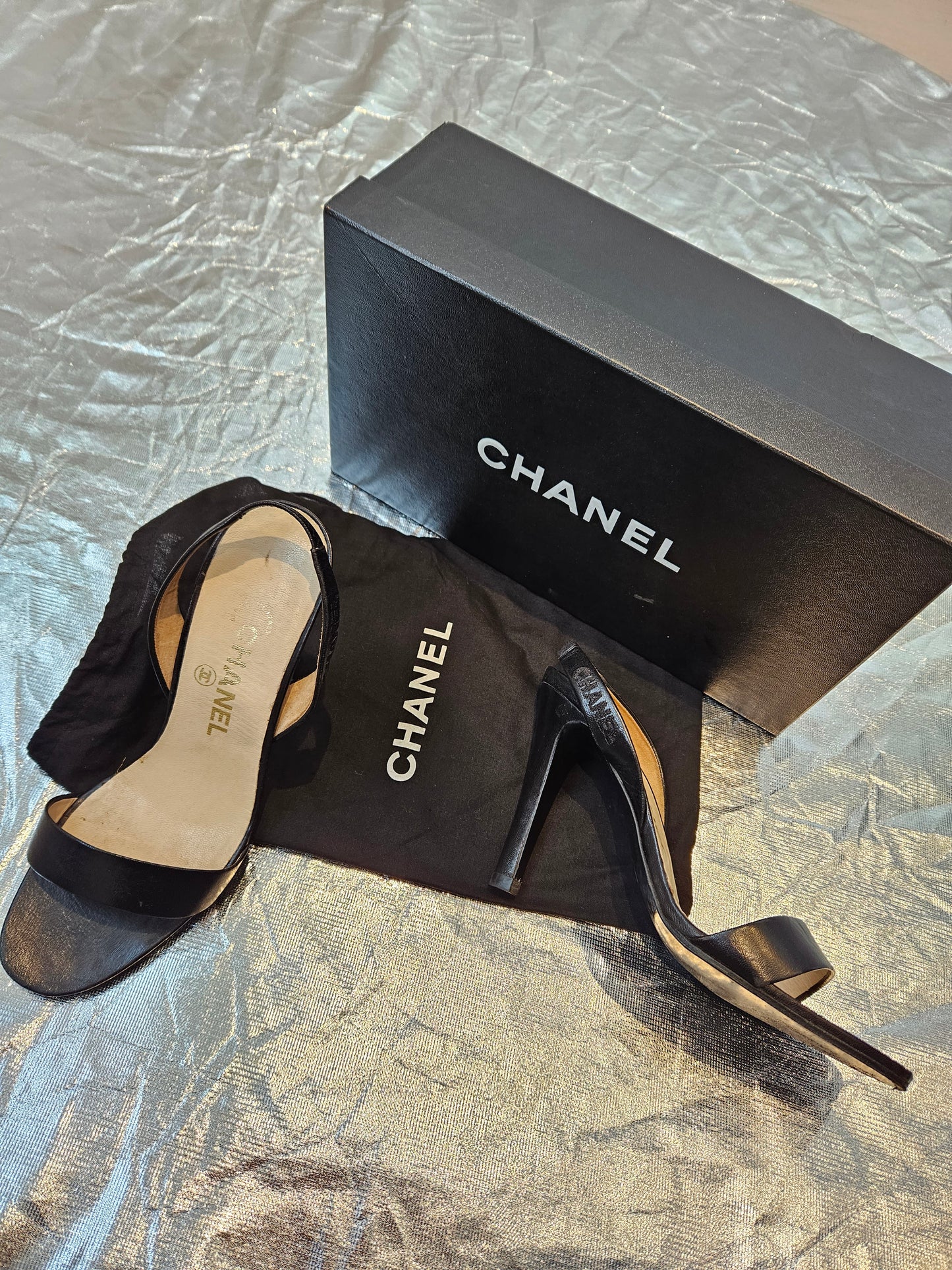 CHANEL Black Agneau Noir Leather Heels Sz 36.5