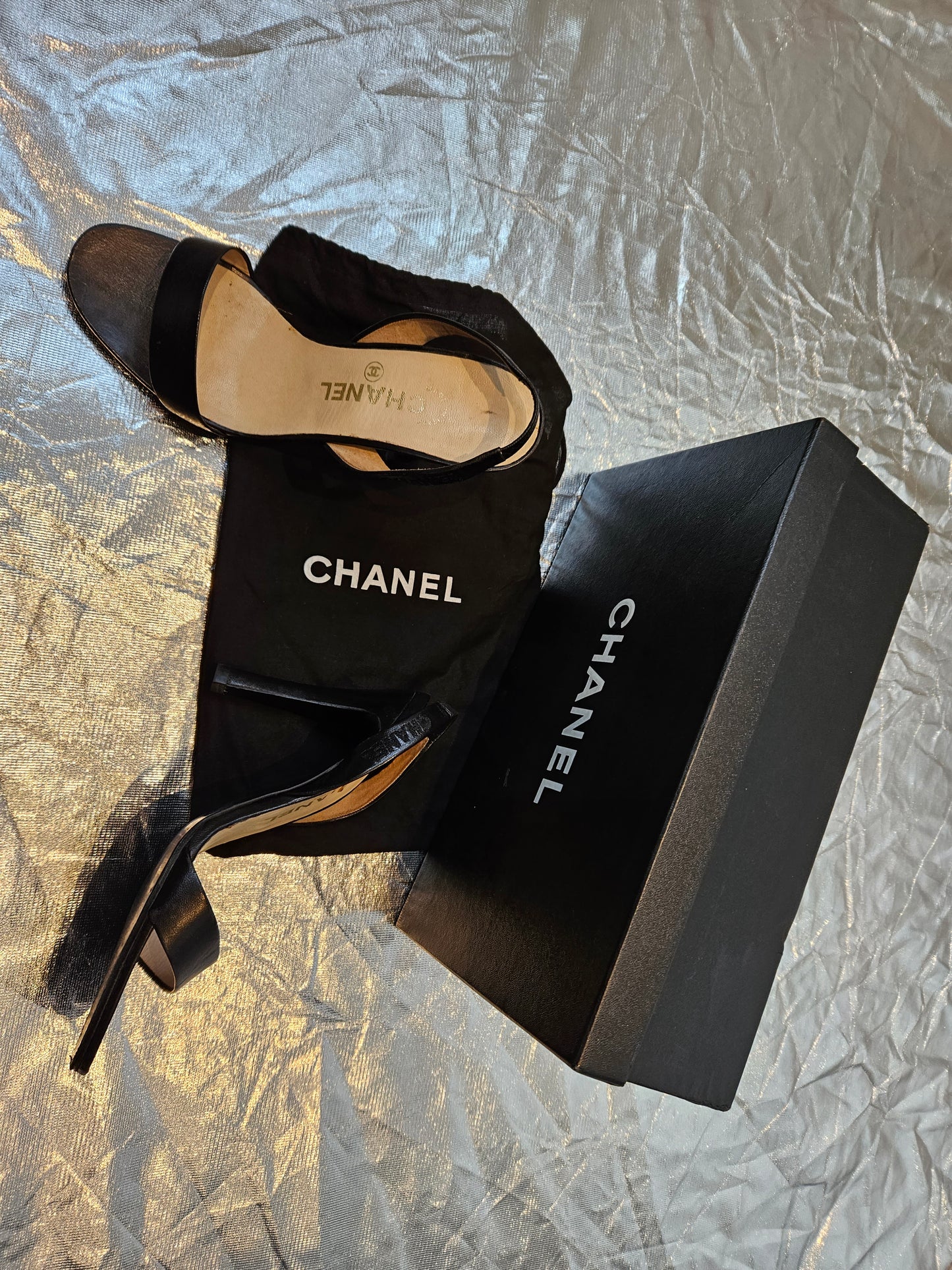 CHANEL Black Agneau Noir Leather Heels Sz 36.5