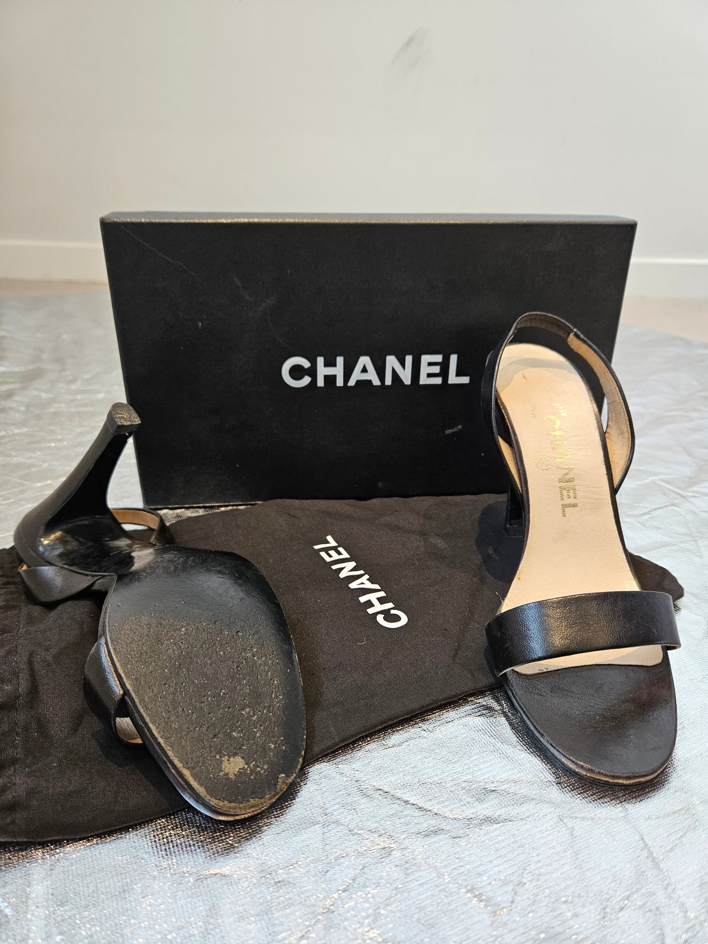CHANEL Black Agneau Noir Leather Heels Sz 36.5