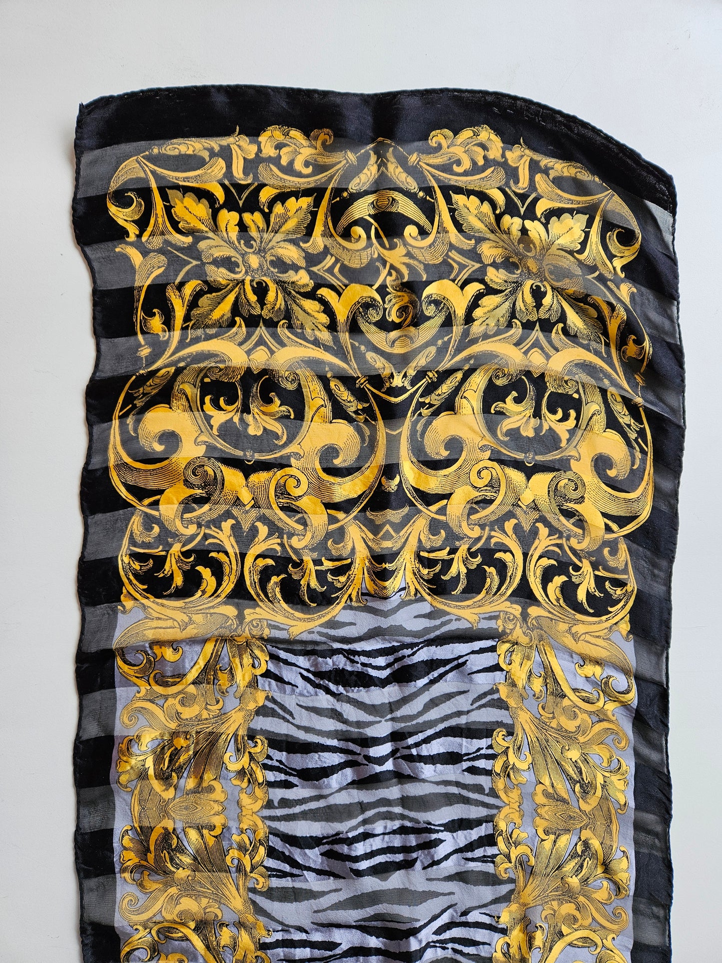 VINTAGE Gold-Black-White Leaf & Zebra Print Rectangle Silk Scarf