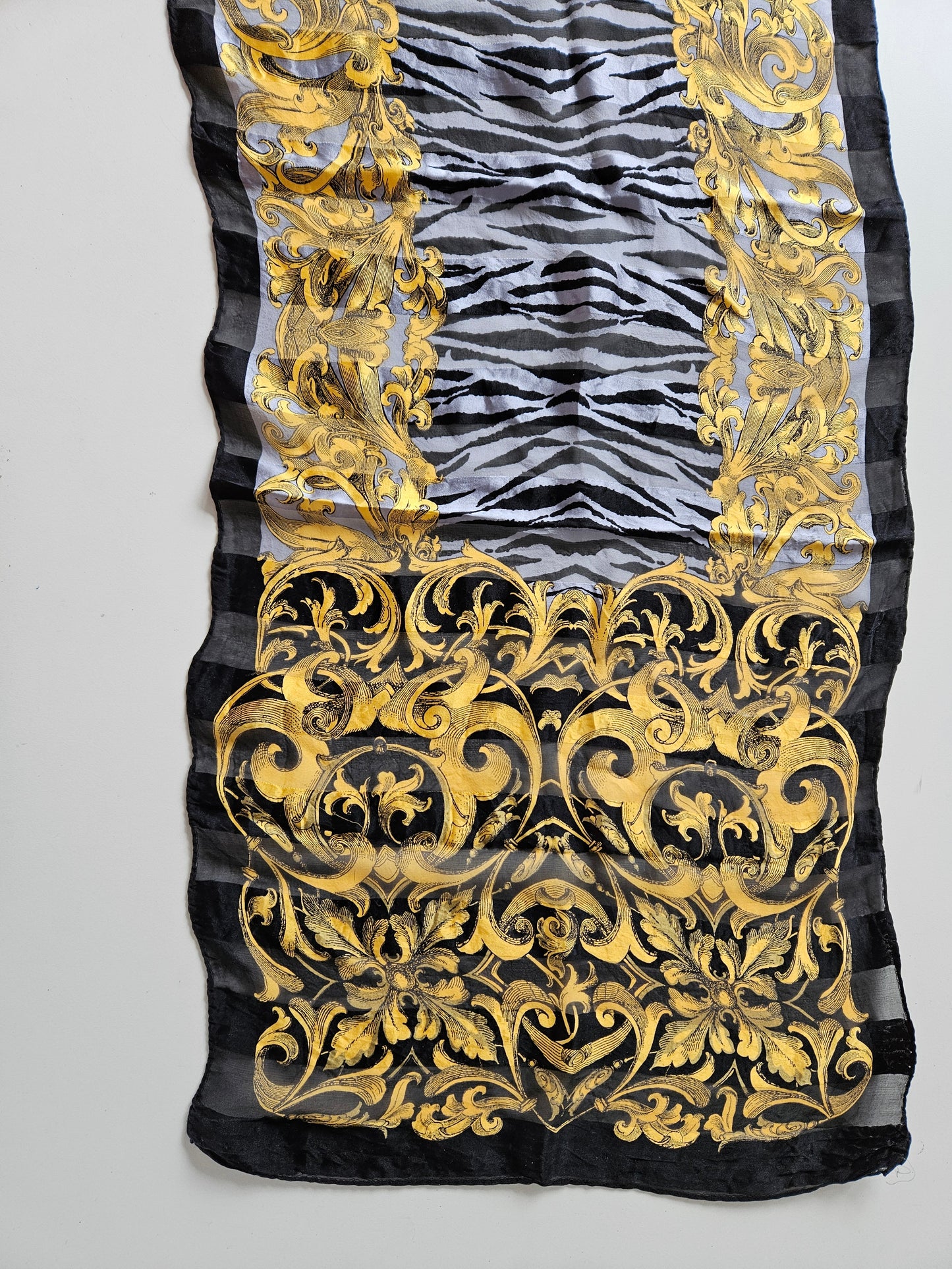 VINTAGE Gold-Black-White Leaf & Zebra Print Rectangle Silk Scarf