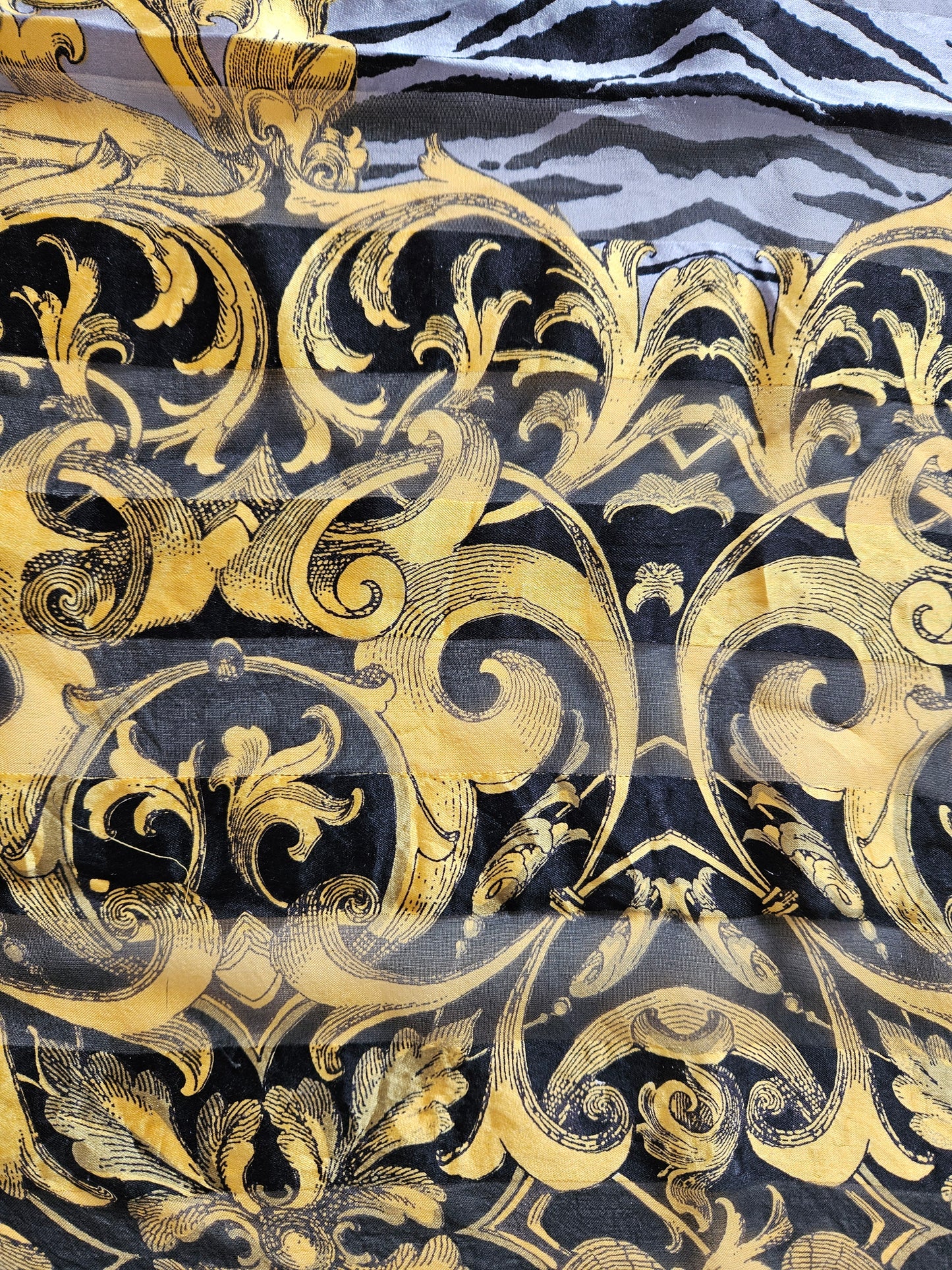 VINTAGE Gold-Black-White Leaf & Zebra Print Rectangle Silk Scarf