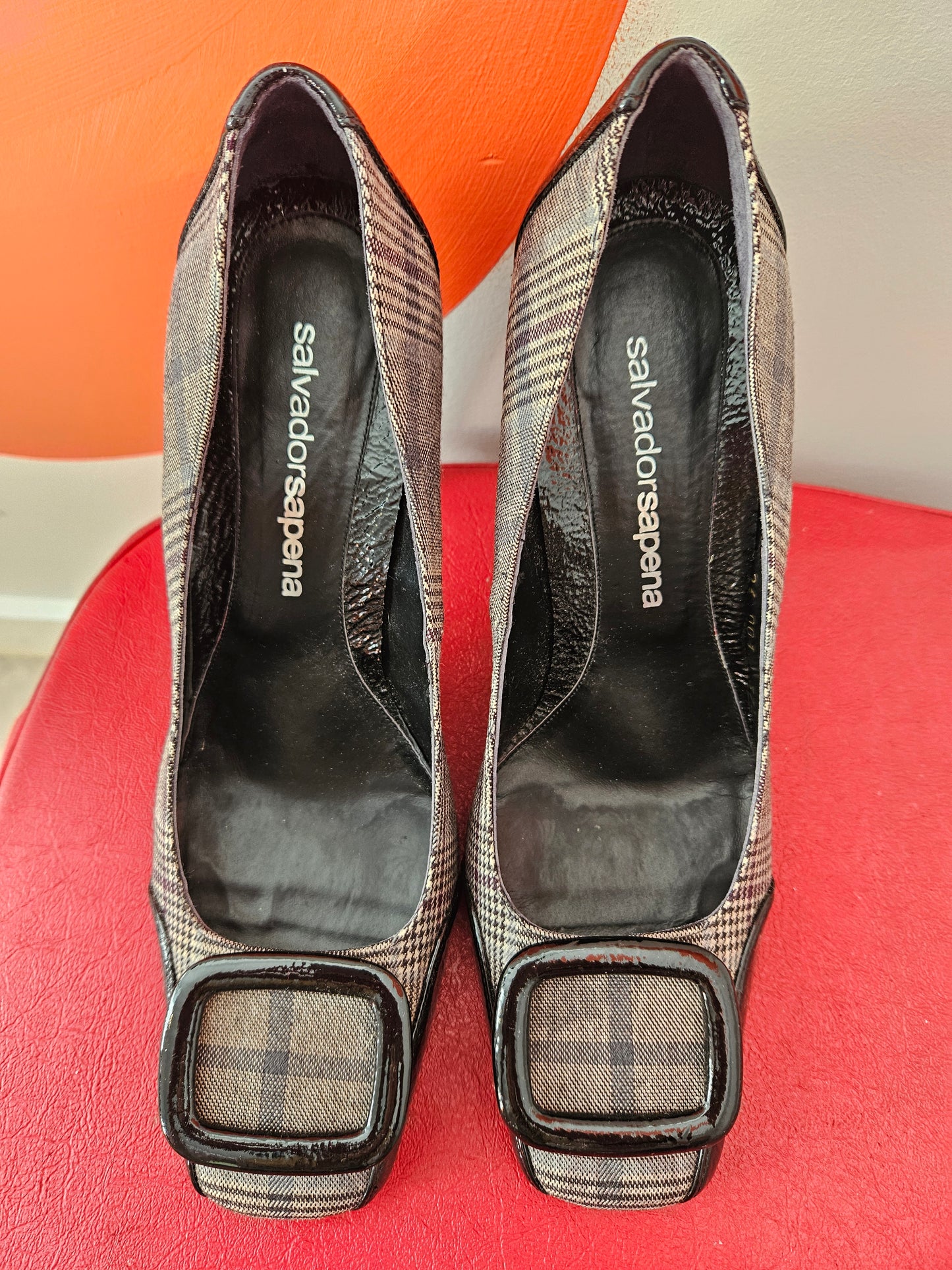 SALVADOR SAPENA Black-Tan Buckle Detail Tartan Heels Sz 37.5 NEW