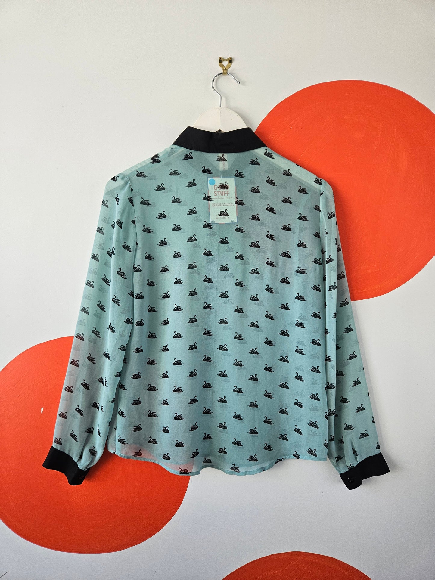 SYLVESTER Sheer Turquoise Swan Print Shirt - SIZE 8