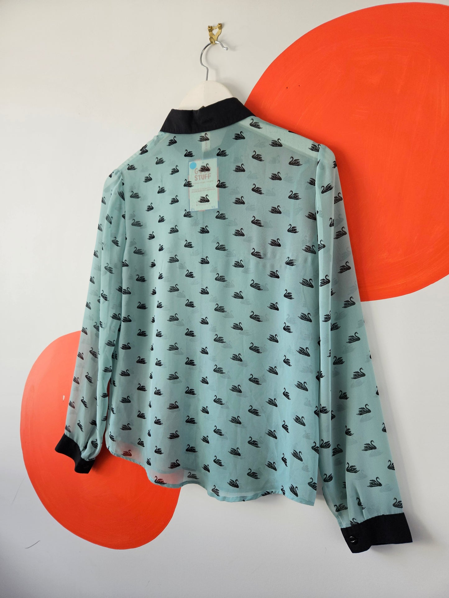 SYLVESTER Sheer Turquoise Swan Print Shirt - SIZE 8
