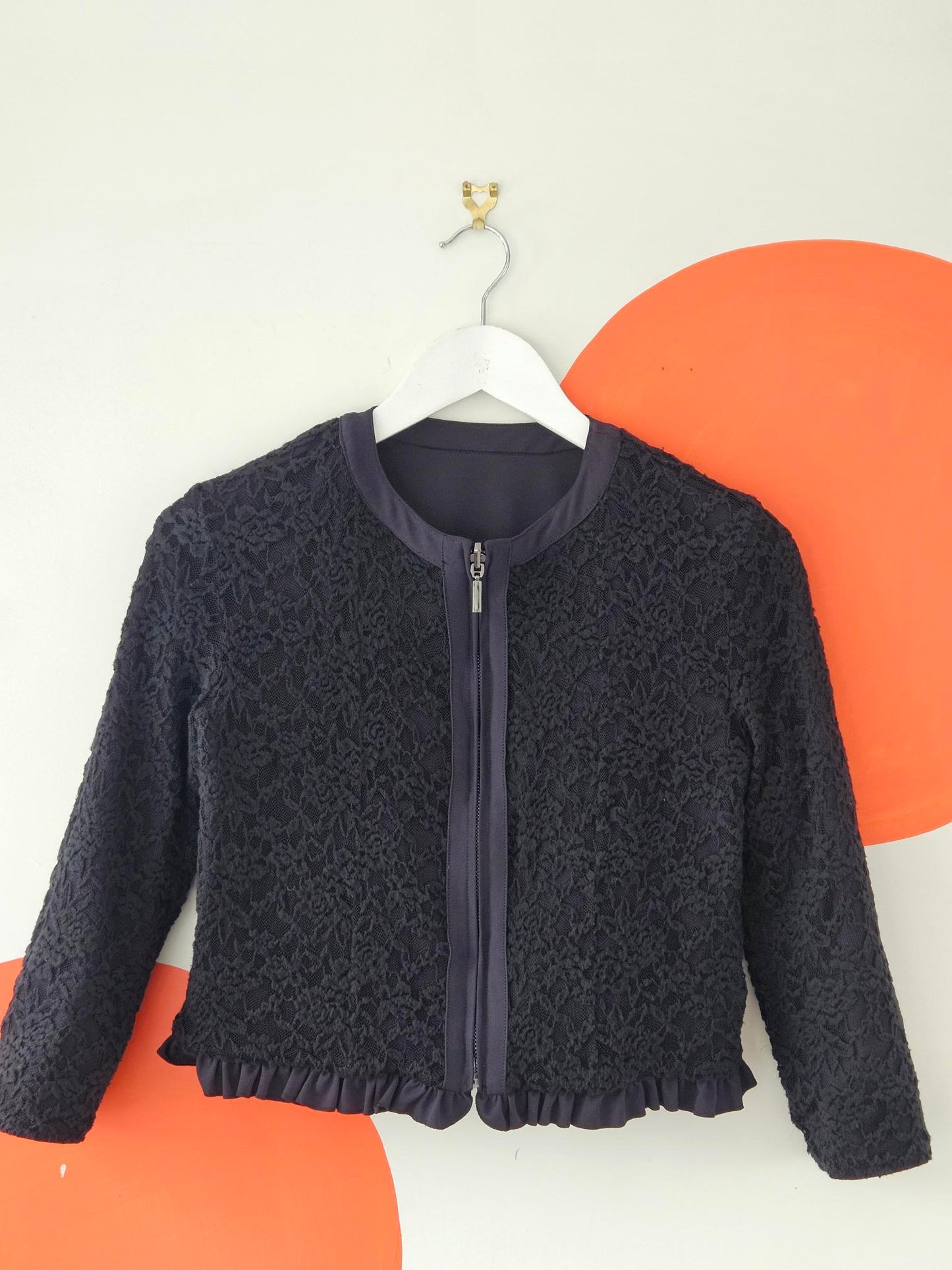 Nenette Black Ruffle & Lace Reversible Crop Jacket