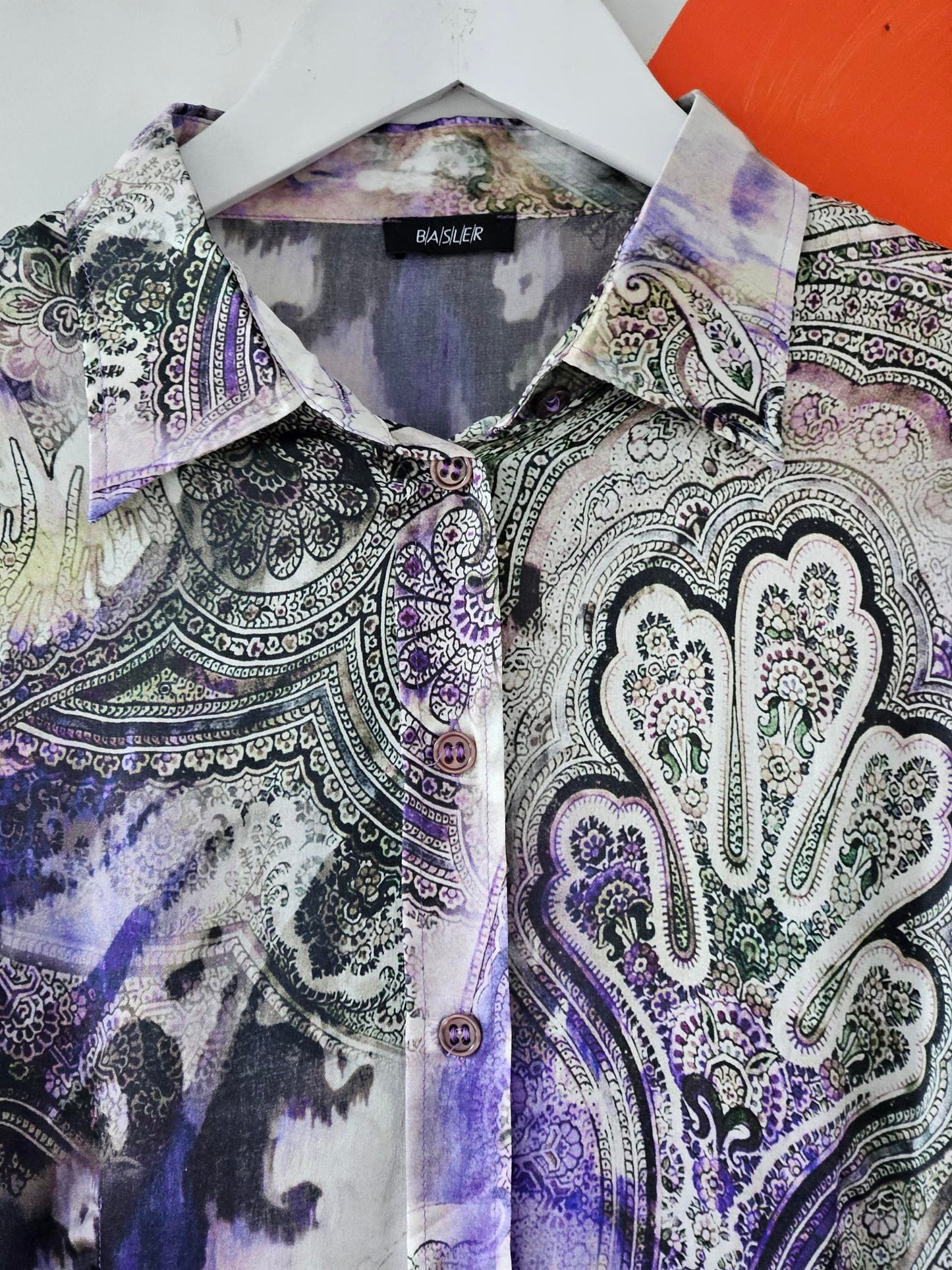 Basler Y2K Purple-Mauve Paisley Silk Blouse