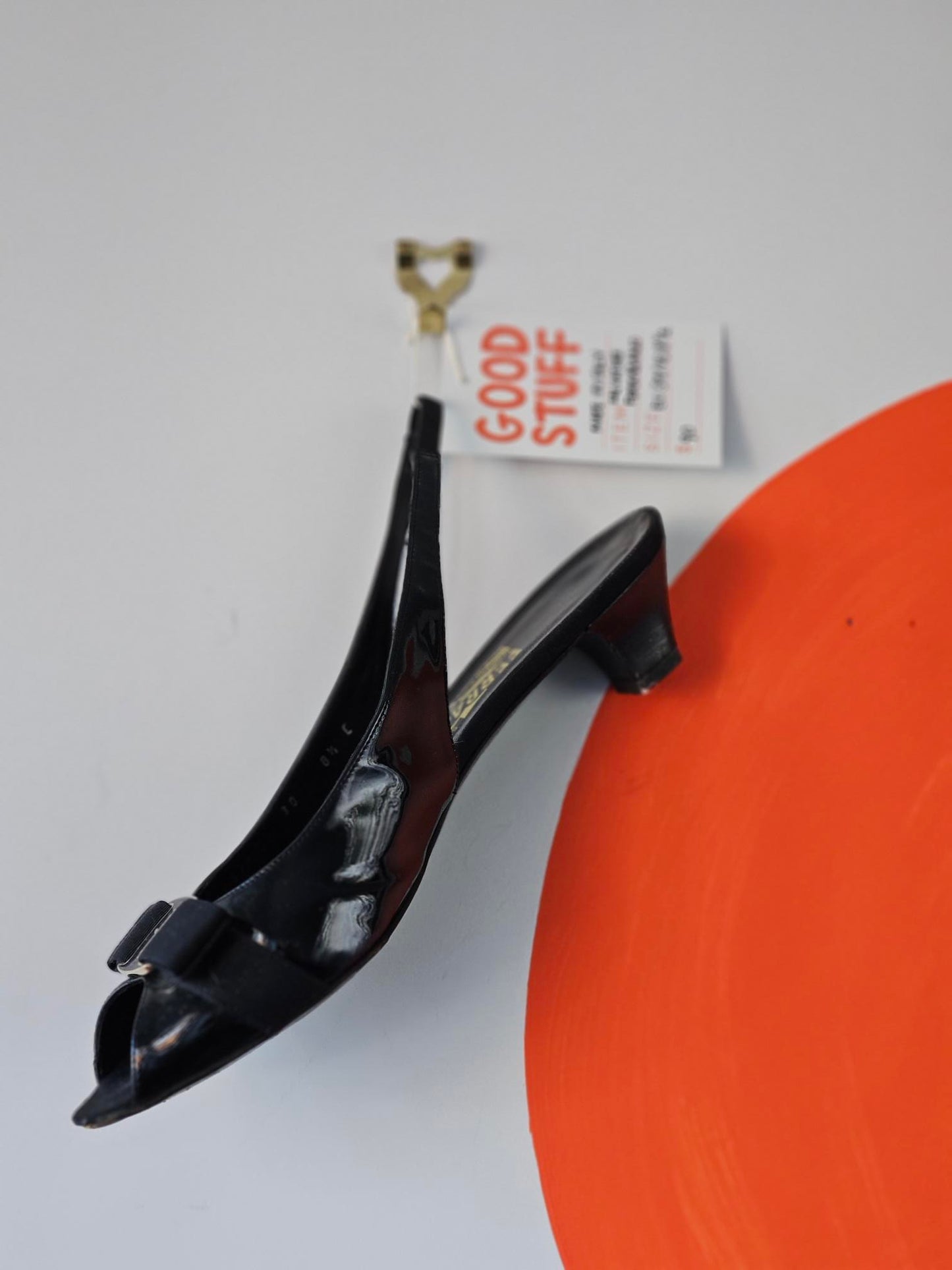 Salvatore Ferragamo Black Patent Sling Back Kitten Heels