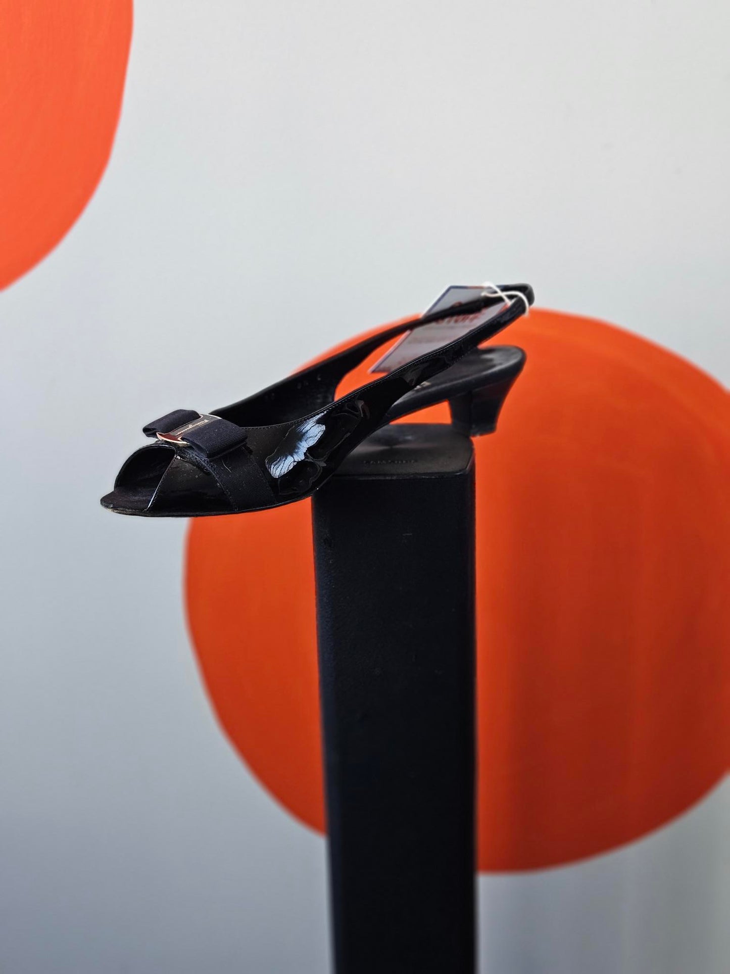 Salvatore Ferragamo Black Patent Sling Back Kitten Heels