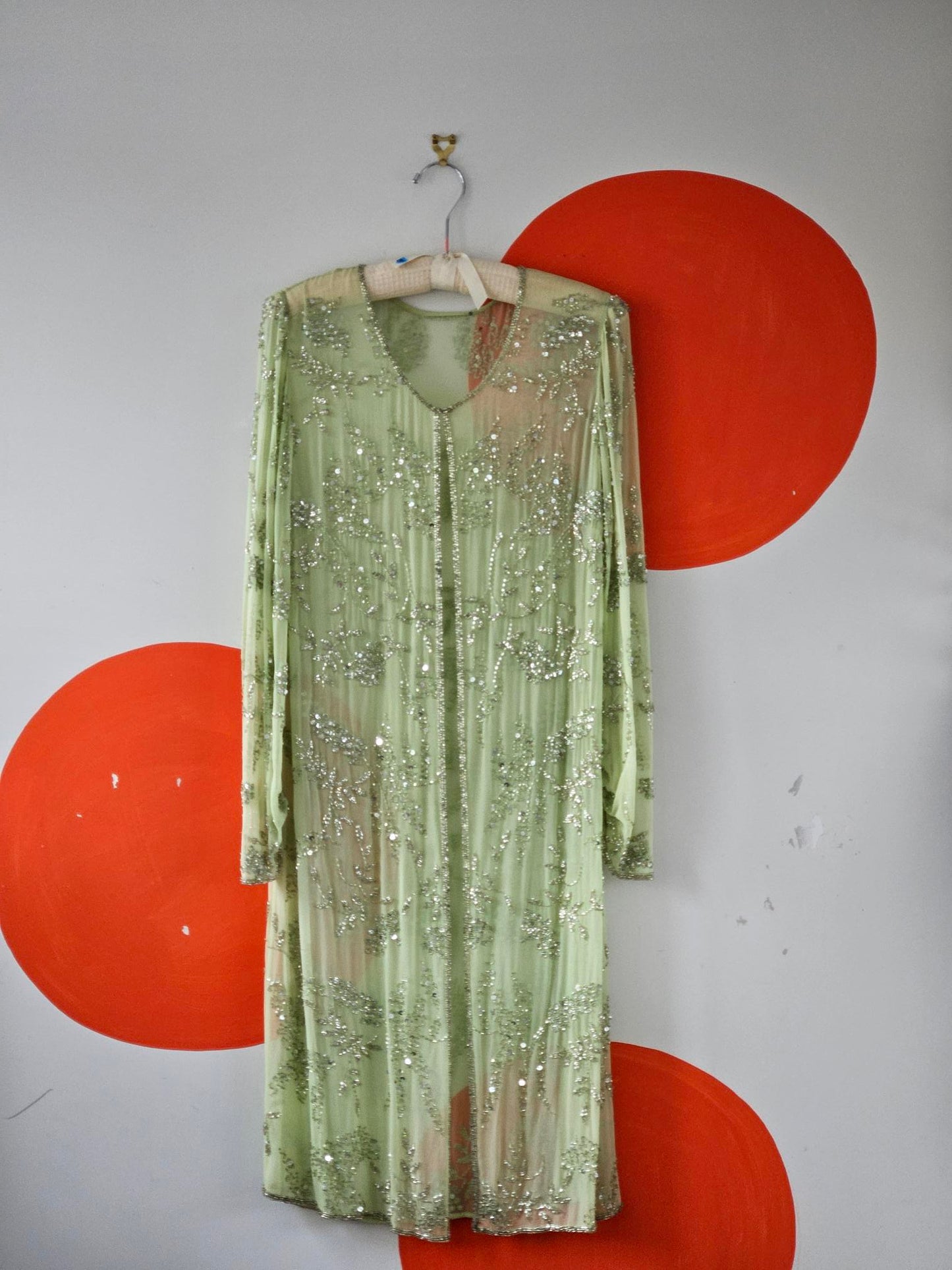Vintage Embellished Sheer Green Silk Dress