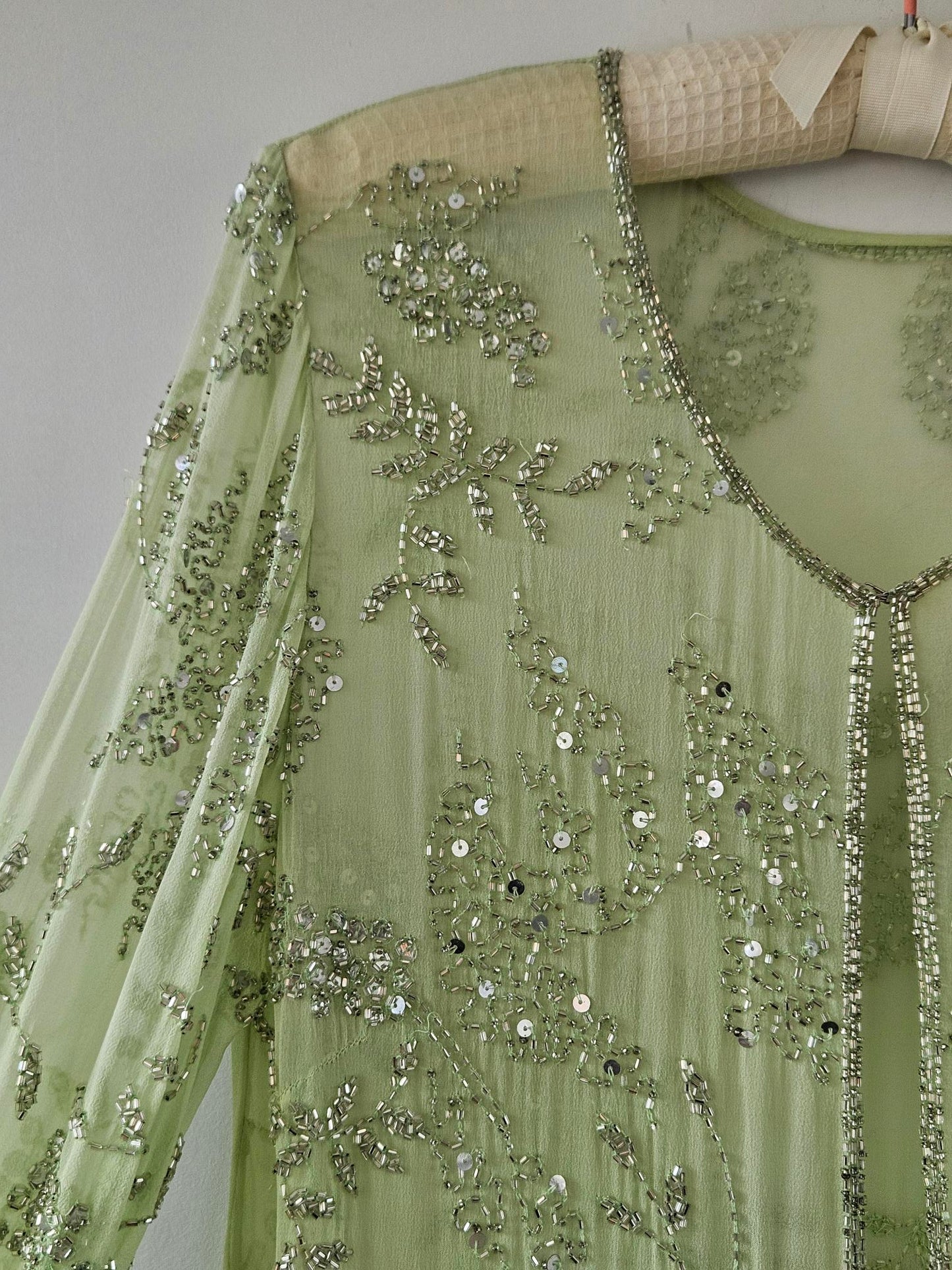 Vintage Embellished Sheer Green Silk Dress