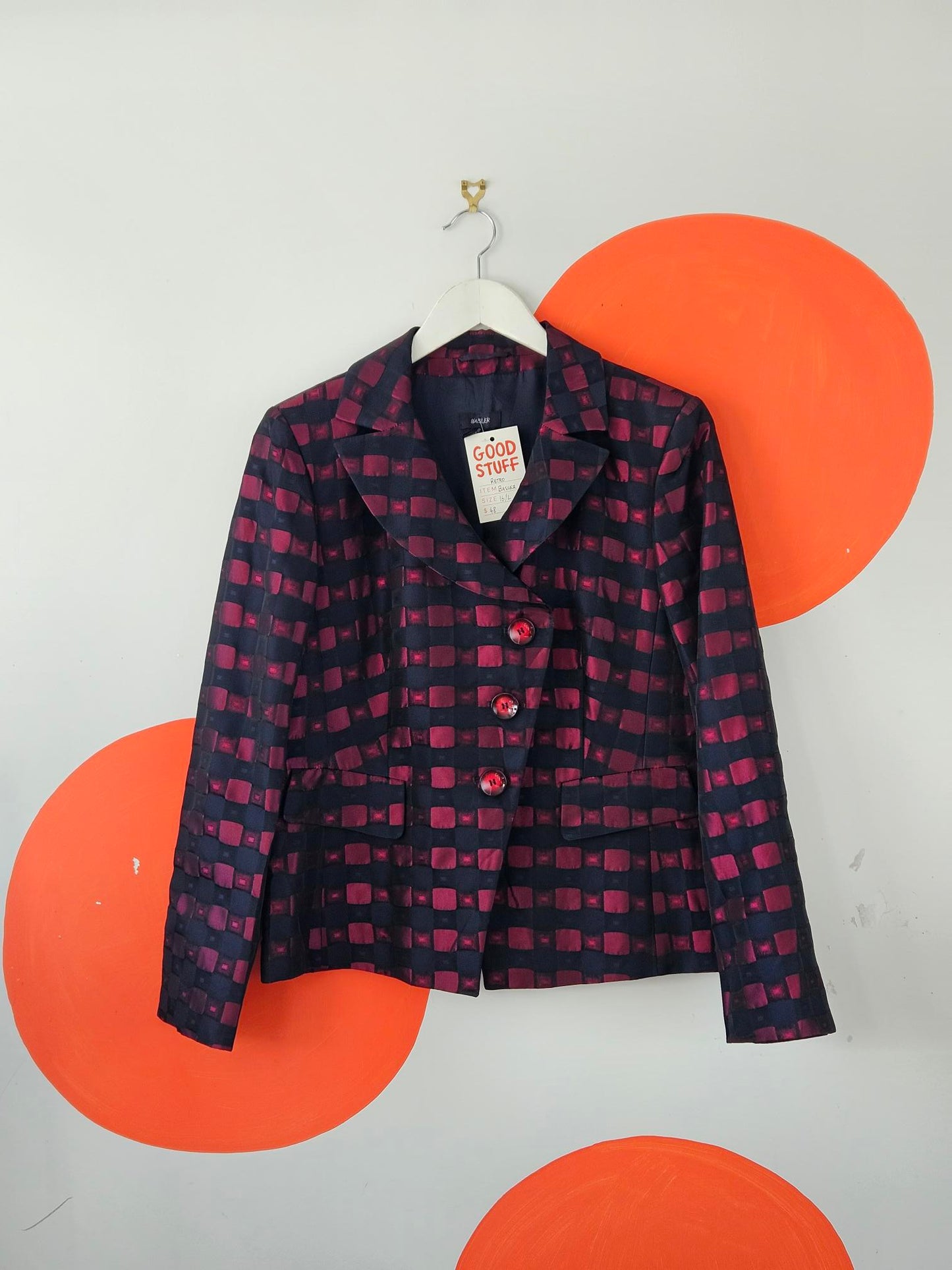 Basler Y2K Maroon-Black Check Asymmetric Textured Blazer