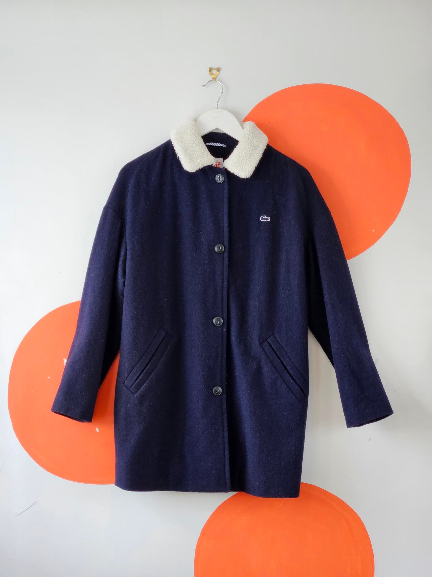 Lacoste L!Ve Navy Wool Blend Coat with Faux Fur Collar