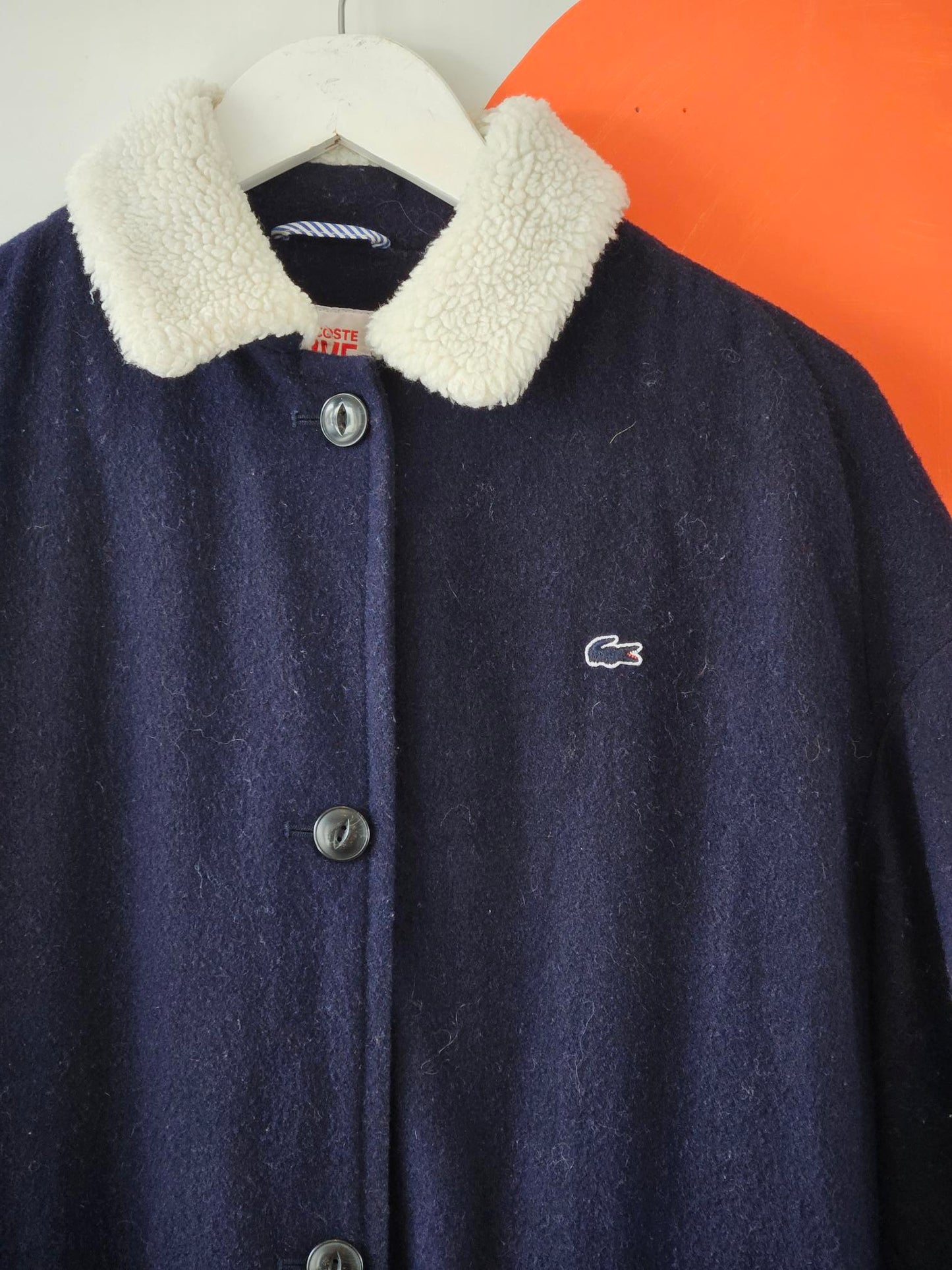 Lacoste L!Ve Navy Wool Blend Coat with Faux Fur Collar