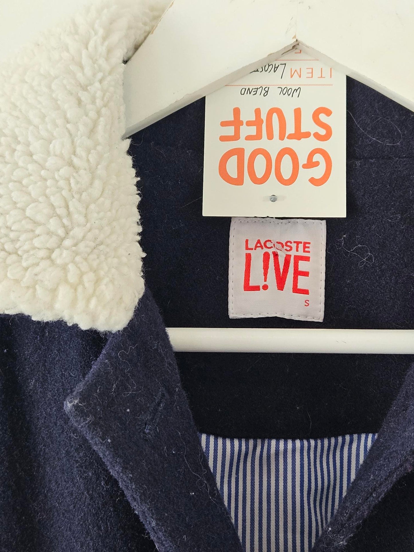 Lacoste L!Ve Navy Wool Blend Coat with Faux Fur Collar