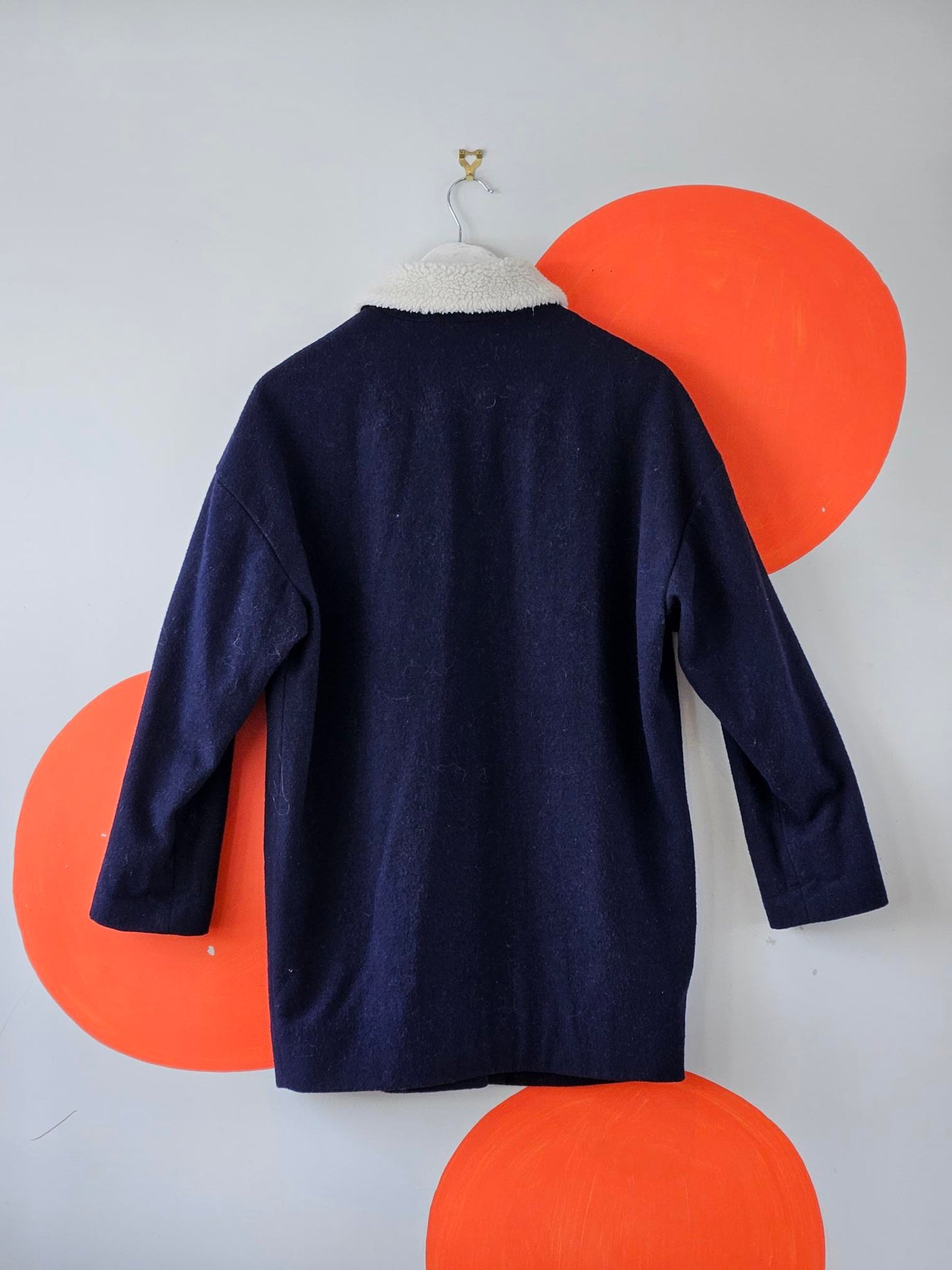 Lacoste L!Ve Navy Wool Blend Coat with Faux Fur Collar