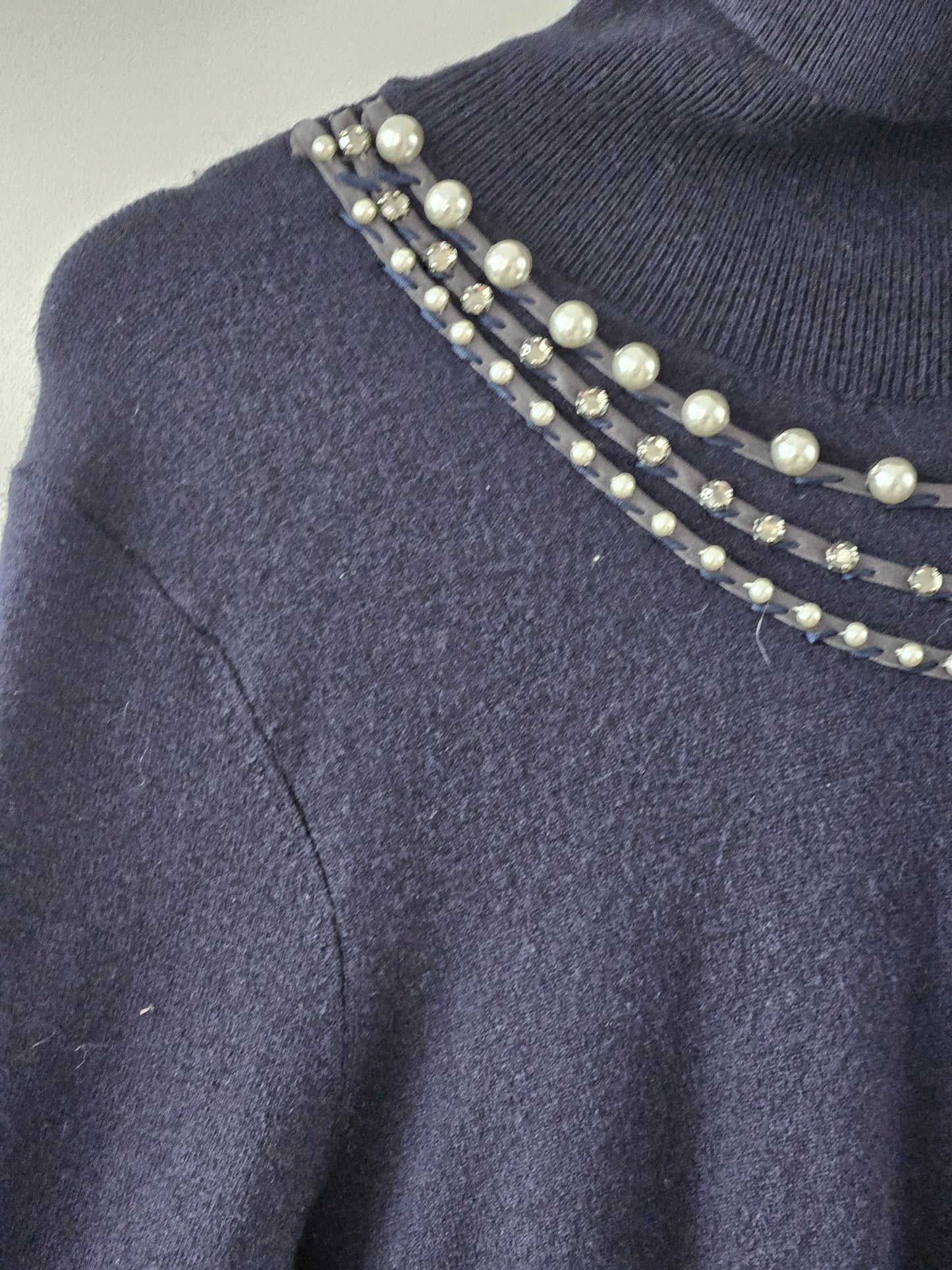 Rebecca Taylor Navy Embellished Turtleneck Knit Dress