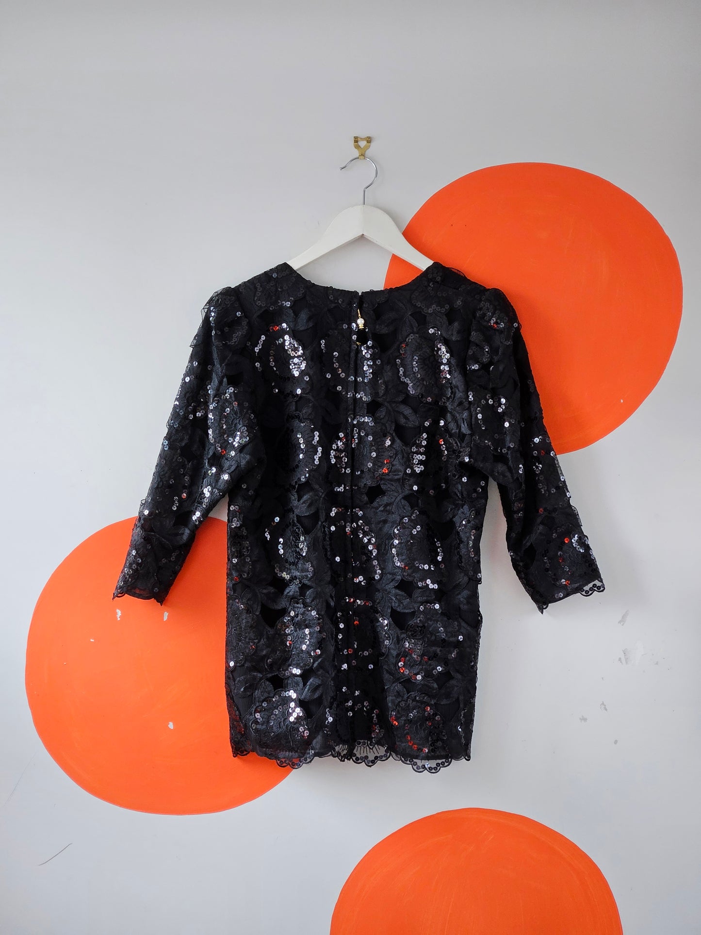 Miss Deb NZ Vintage Black Sequin & Lace Patterned Top