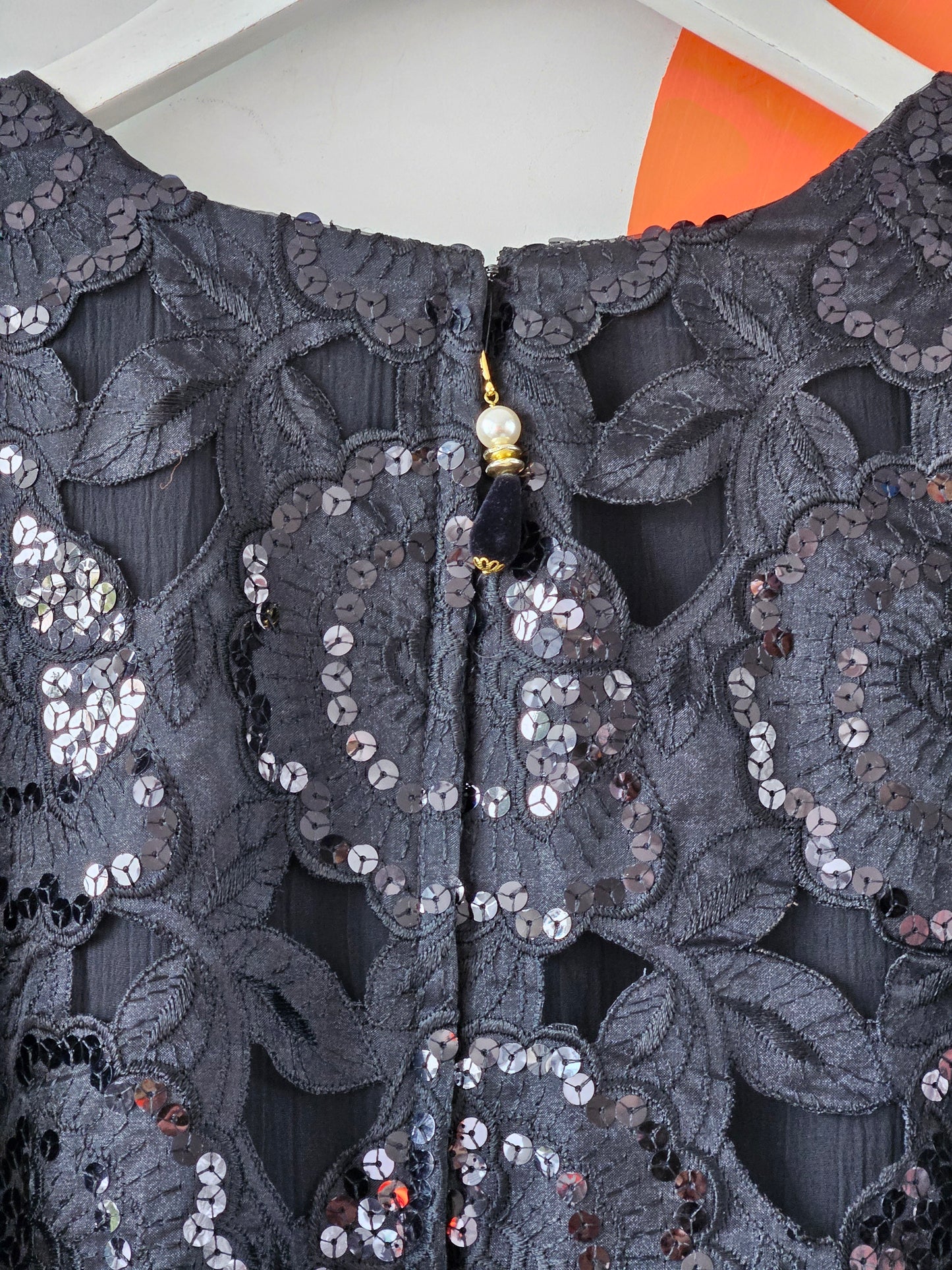 Miss Deb NZ Vintage Black Sequin & Lace Patterned Top