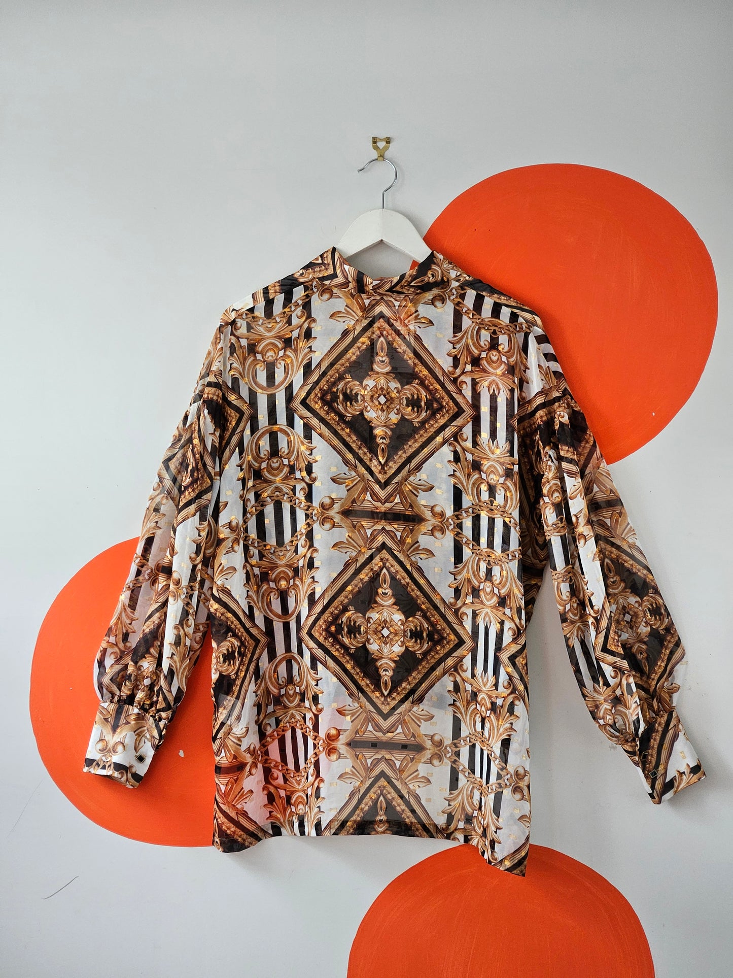 Cooper By Trelise 'Shirt Hot' Gold-Black Sheer Baroque Pattern Blouse
