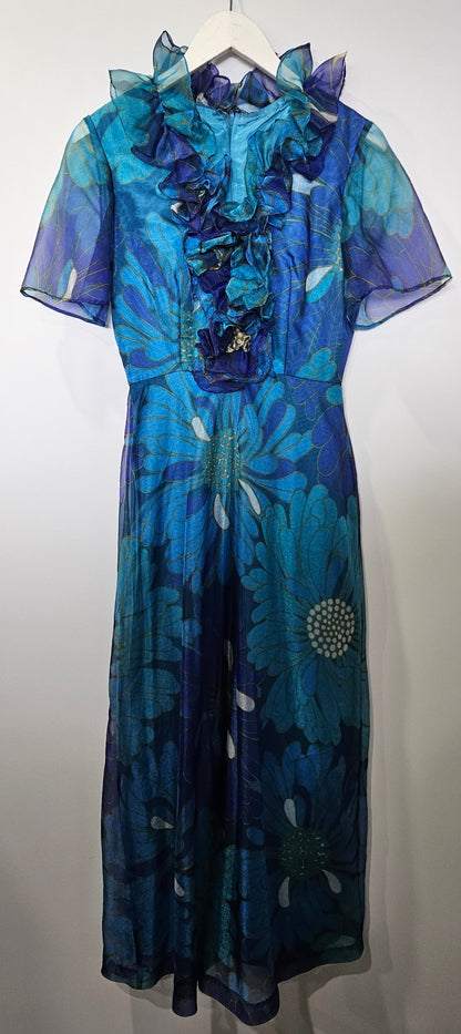 VINTAGE Blue Floral Disco Dress szW26