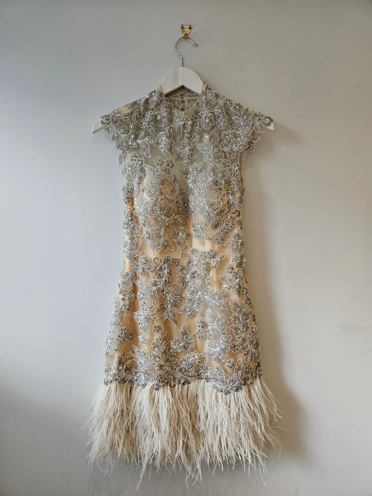 JOVANI Champagne Embroidered Feathers Cocktail Mini Dress sz6