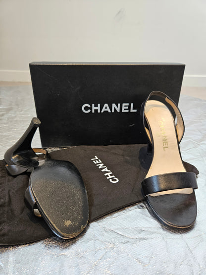 CHANEL Heels Black Agneau Noir sz 36.5