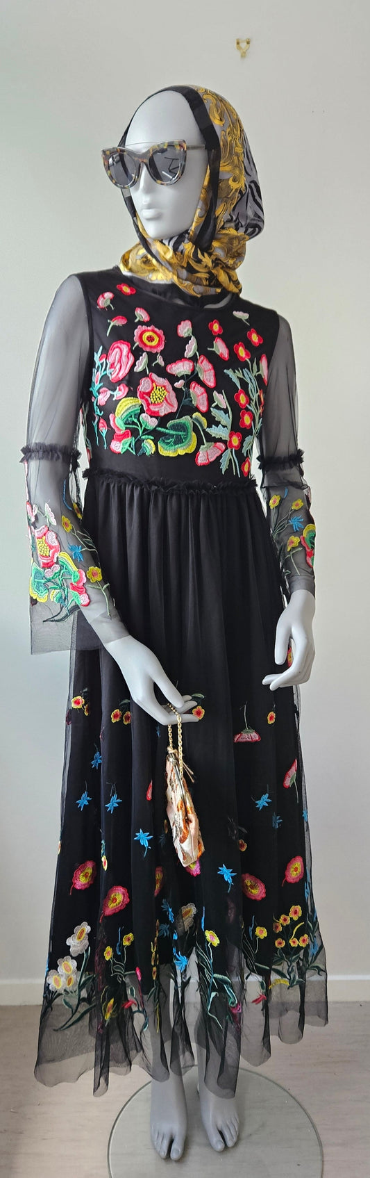 Boho Embroidered Black Floral Long Hippie Festival Summer Dress szMed