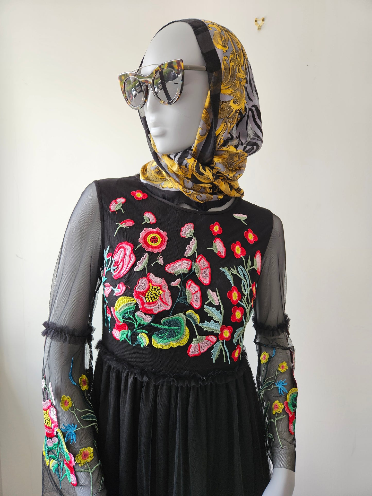 Boho Embroidered Black Floral Long Hippie Festival Summer Dress szMed