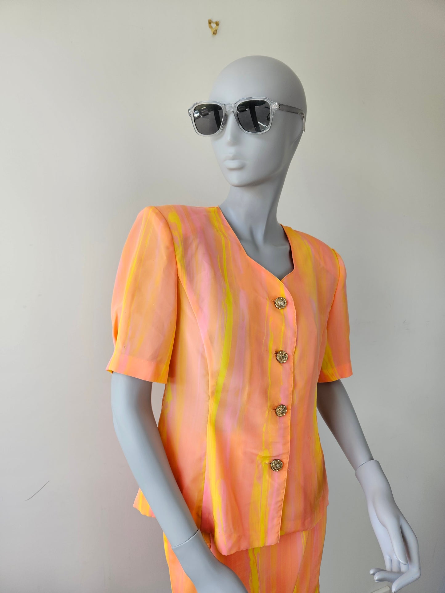 VINTAGE Pink Orange Yellow 80s Skirt 2 Piece Suit szXS