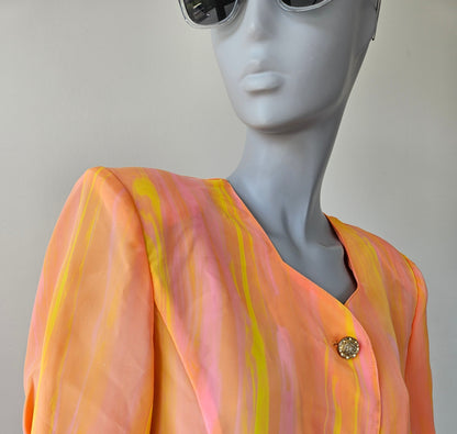 VINTAGE Pink Orange Yellow 80s Skirt 2 Piece Suit szXS
