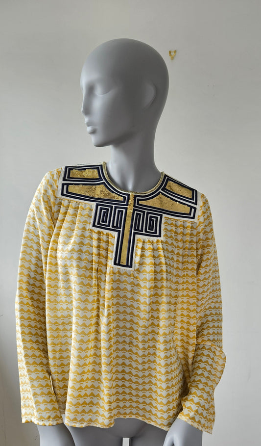 SASS AND BIDE THE ELEMENT Embellished Printed Top Blouse Shirt Yellow White Gold Black Long Sleevesz6