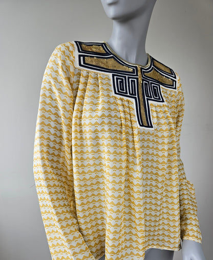 SASS AND BIDE THE ELEMENT Embellished Printed Top Blouse Shirt Yellow White Gold Black Long Sleevesz6