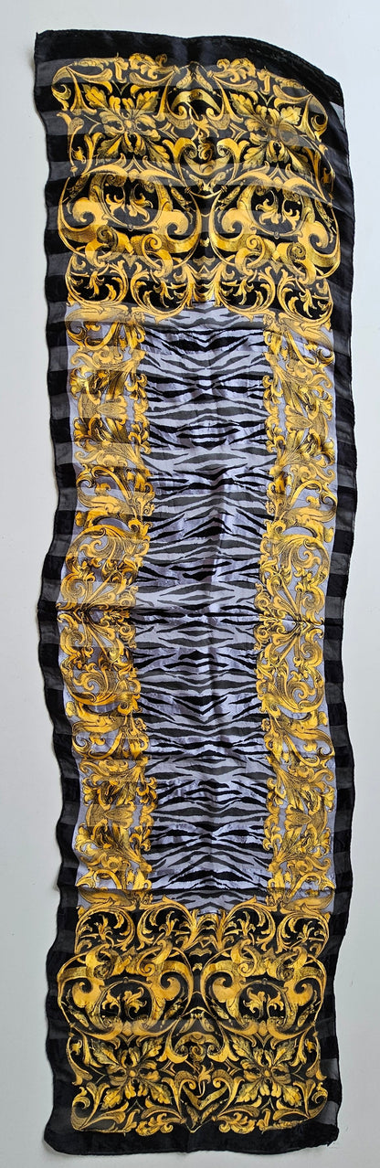 VINTAGE Gold-Black-White Leaf & Zebra Print Rectangle Silk Scarf