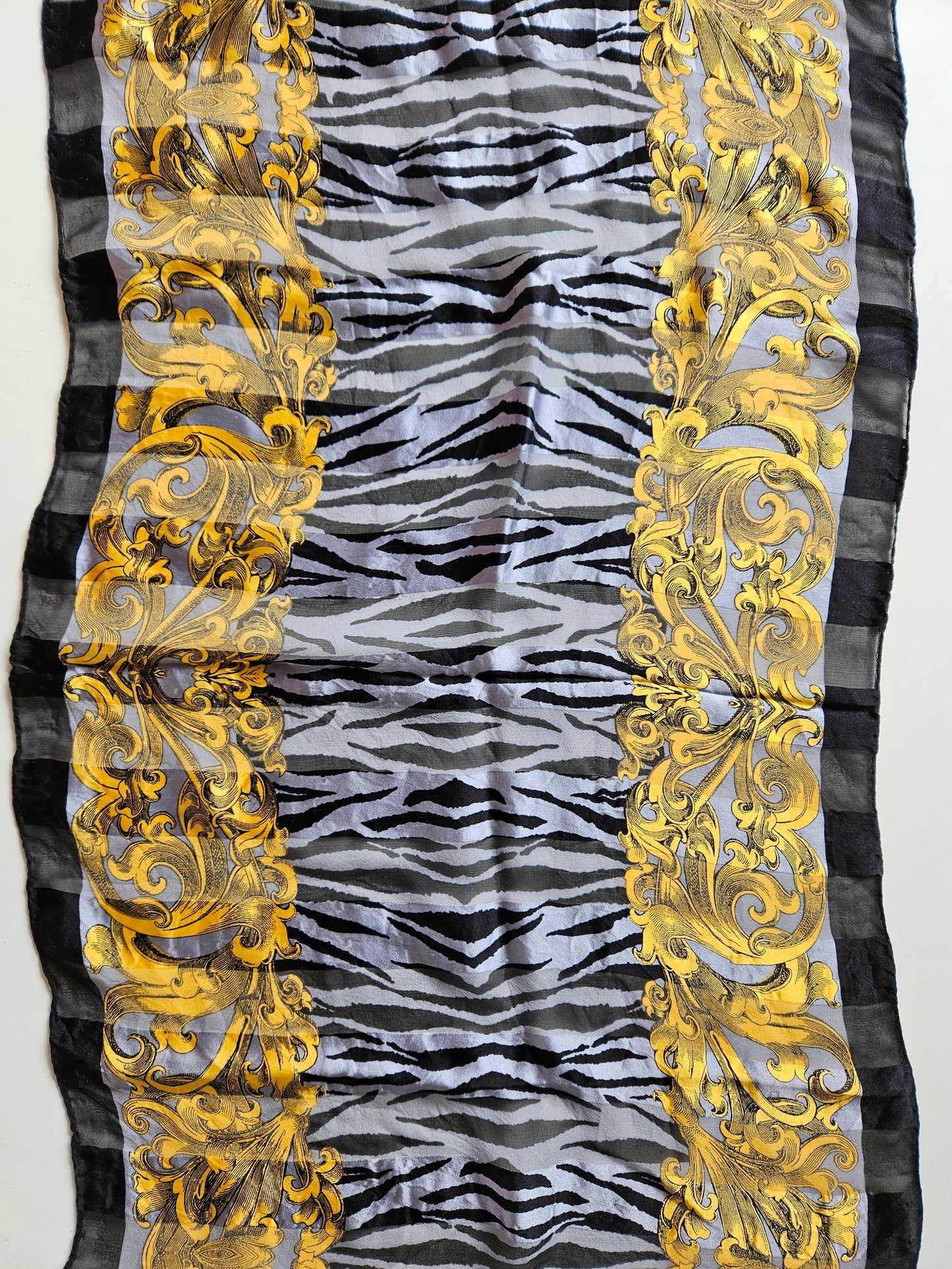 VINTAGE Zebra Print Gold Leaf Black Stripe Rectangle Silk Scarf