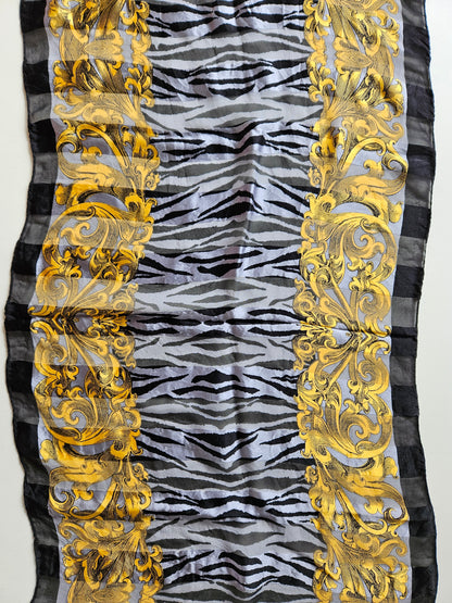 VINTAGE Gold-Black-White Leaf & Zebra Print Rectangle Silk Scarf