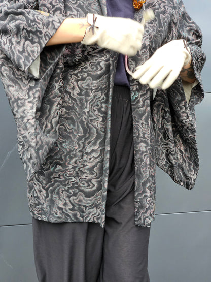 VINTAGE Black Silver Patterned Short Kimono O/S