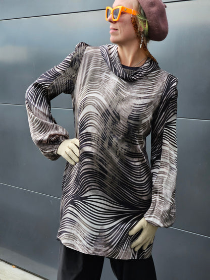 GUESS by Marciano Grey Pattern Long Sleeve Silk Dress Sz L