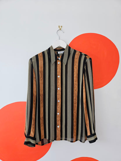 VINTAGE Gerry Weber Sheer Black-Brown Stripe Women's Shirt Sz M