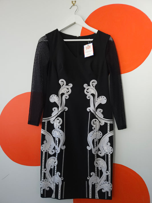 KAREN MILLEN Black-White Embroidered Long Sleeve Dress Sz 12