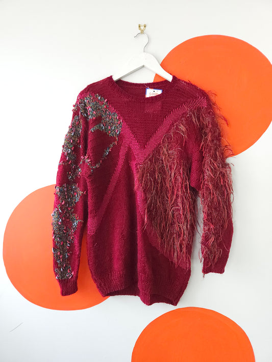 VINTAGE Maroon Hand Knitted Jumper OS