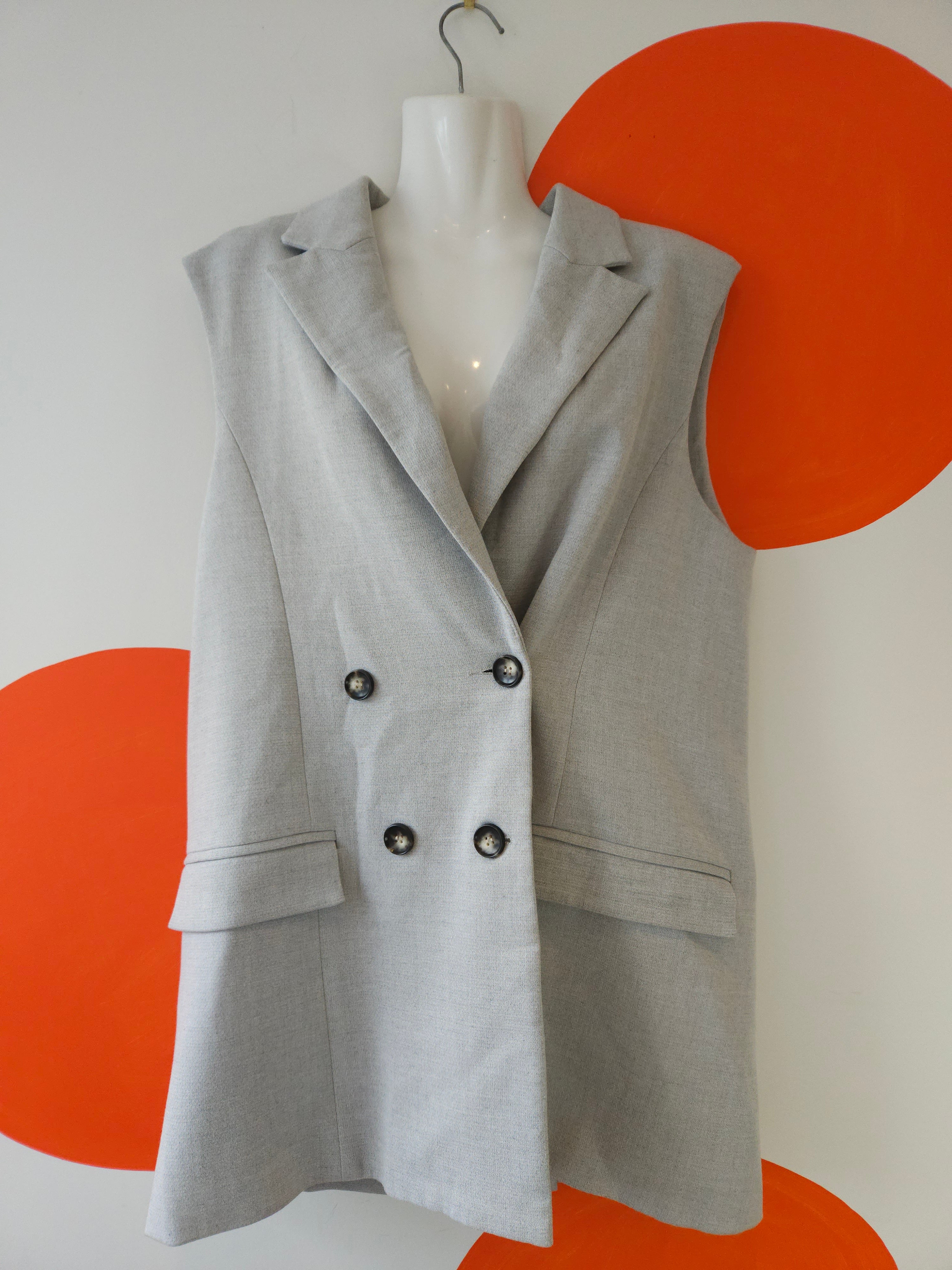 CUE Grey Double Breasted Sleeveless Vest Jacket Sz 14 Good Stuff