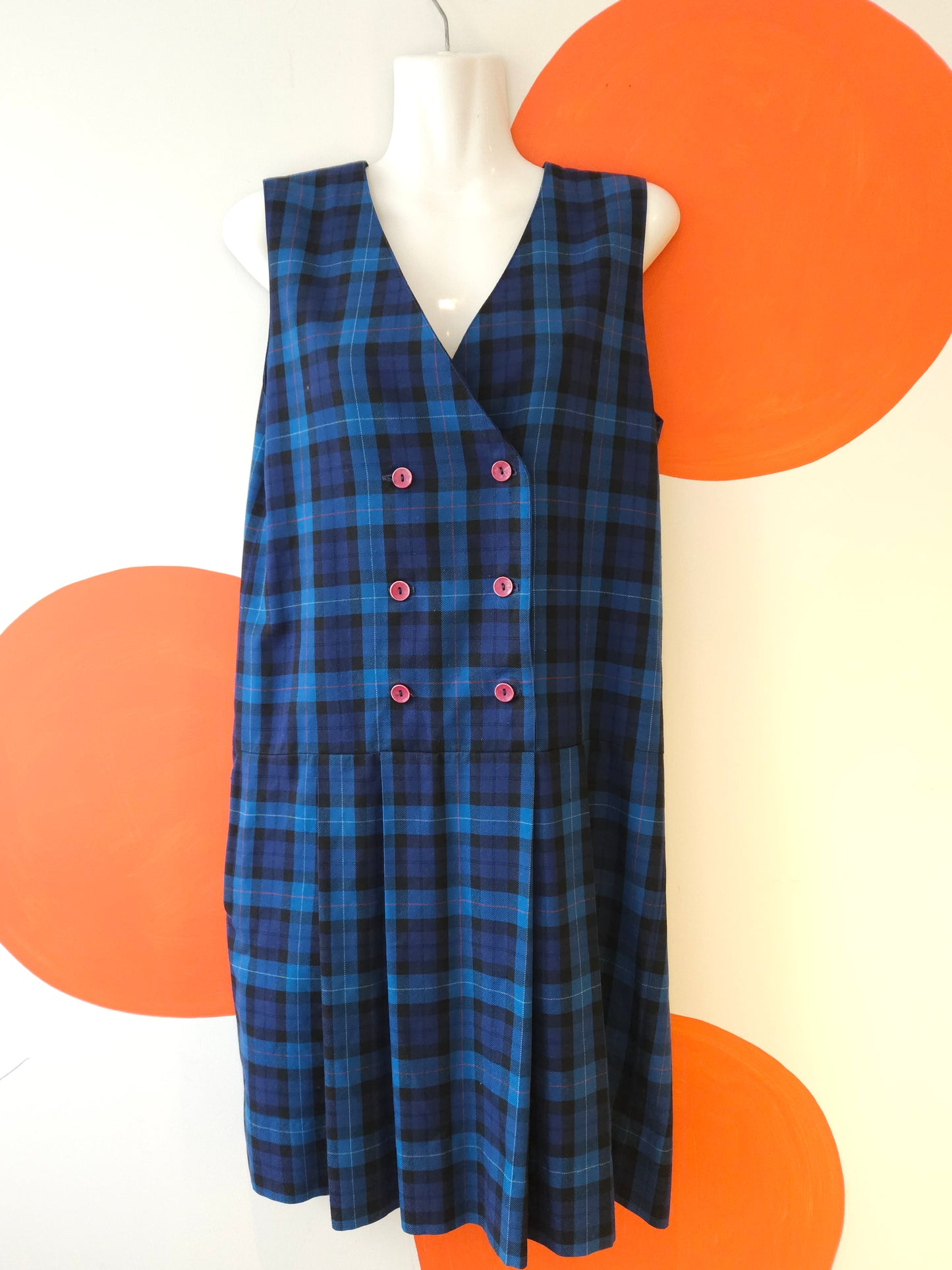 VINTAGE Bromleywear Blue Tartan Pleated Sleeveless Dress Sz XS