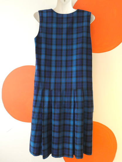 VINTAGE Bromleywear Blue Tartan Pleated Sleeveless Dress Sz XS