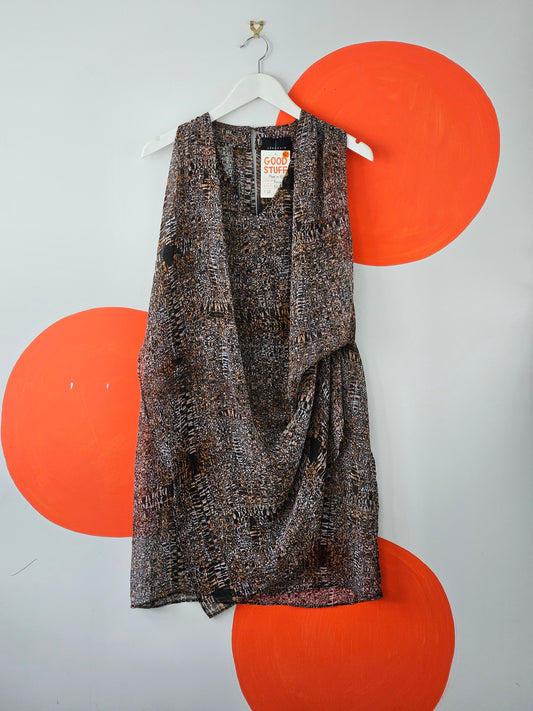 Ricochet Brown-Black Sheer Digital Print Dress | 8 / S