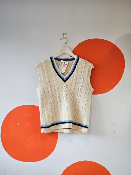 Vintage Cream-Blue Wool Cable Knit Vest | S