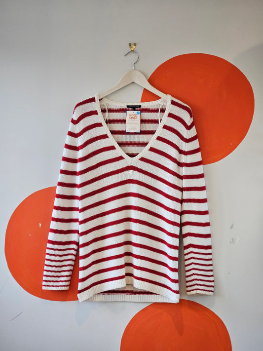 Tommy Hilfiger Red-White Striped Cotton Knit Sweater | L
