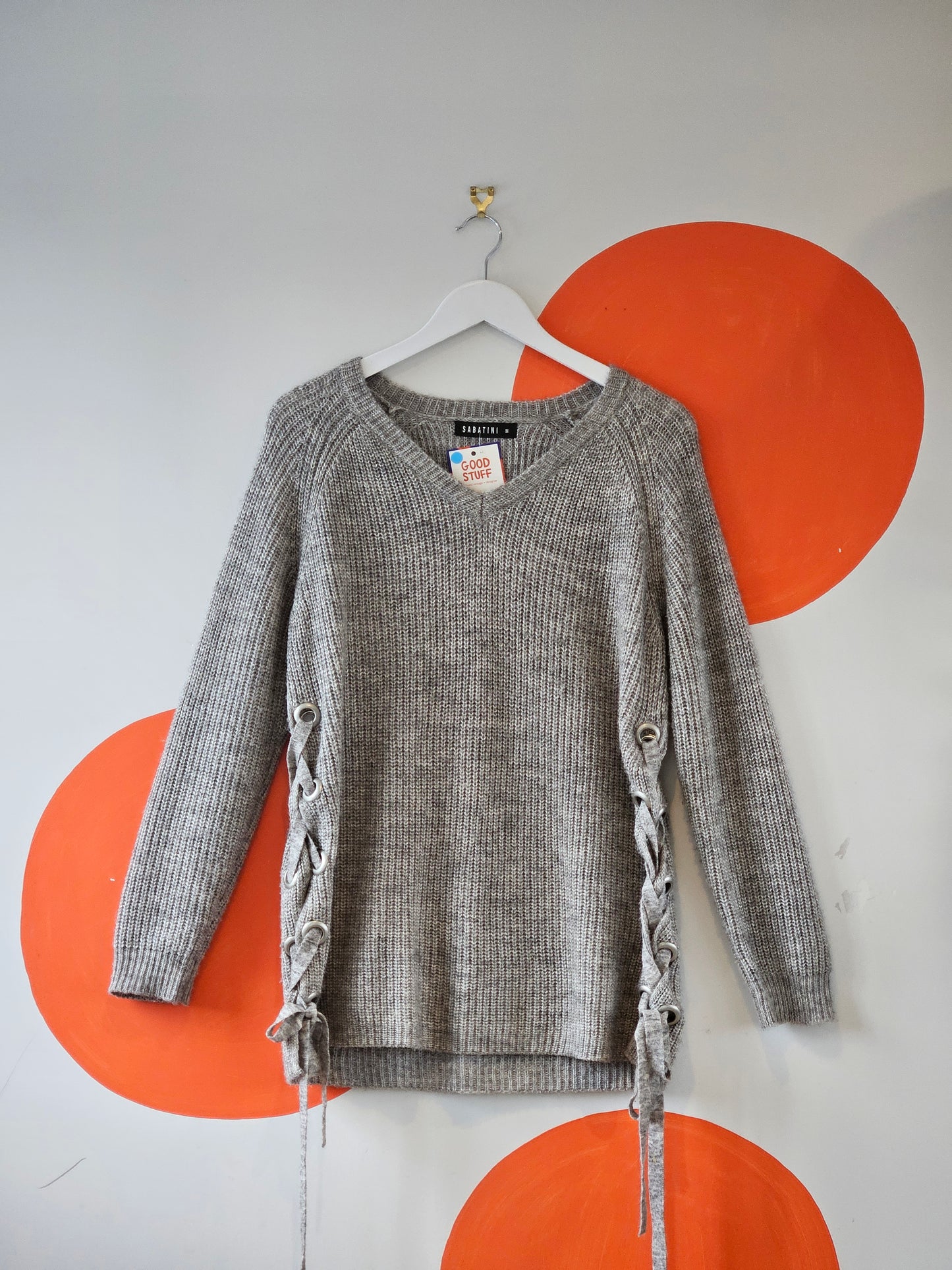 SABATINI Grey Lace Up Wool Jumper - SIZE M