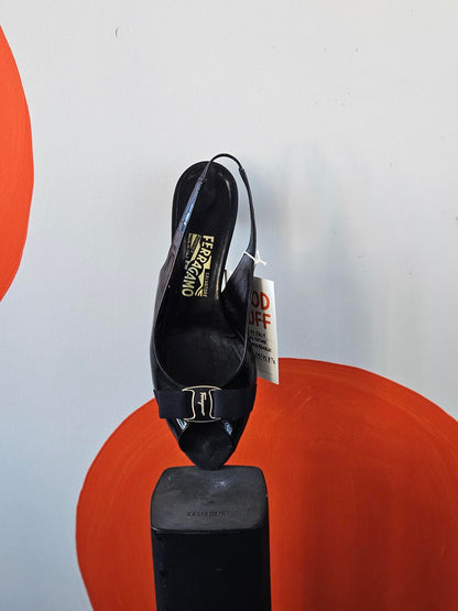Salvatore Ferragamo Black Patent Sling Back Kitten Heels